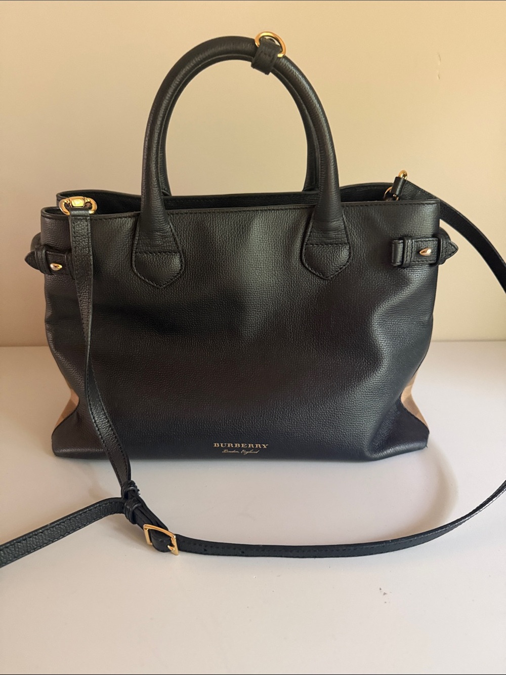 Authentic Burberry Black Leather Shoulder Tote with Gold-Tone Hardware